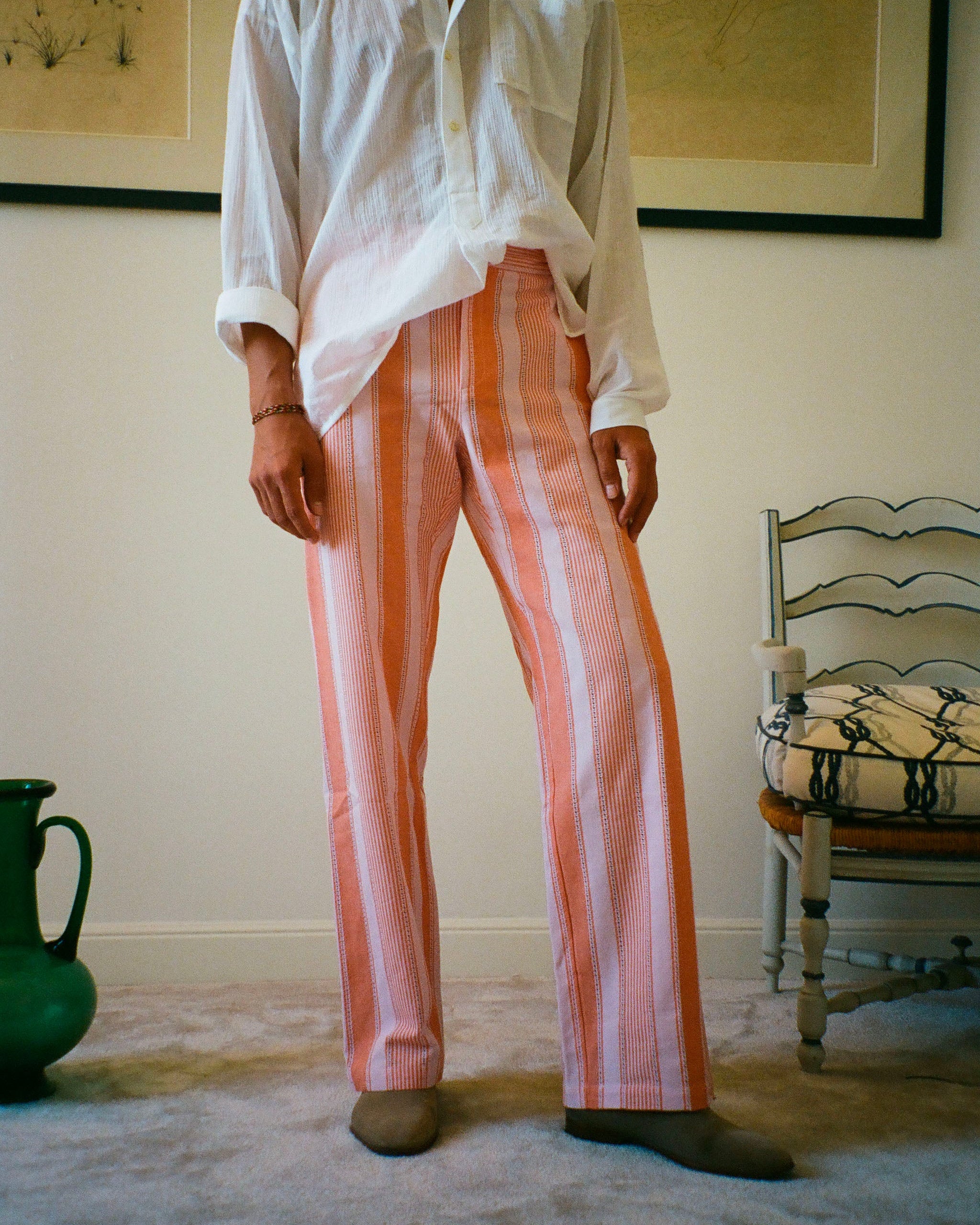 PANTALON CAPON RAYURES ORANGE ET ROSE