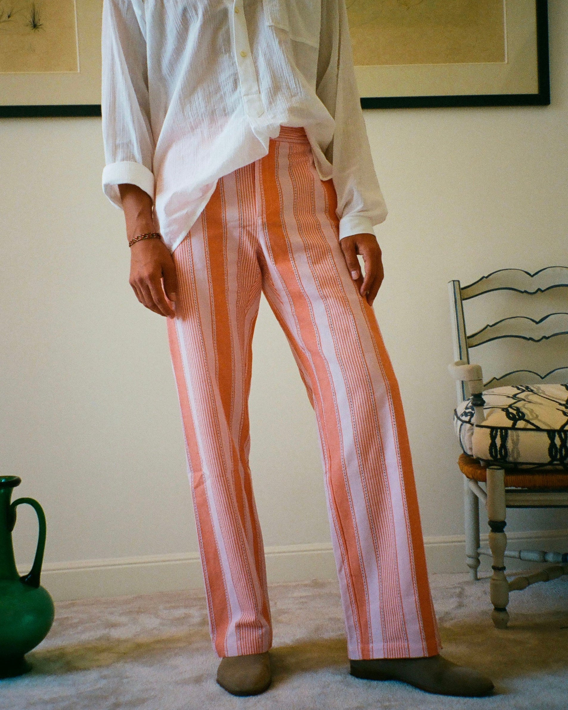 PANTALON CAPON RAYURES ORANGE ET ROSE