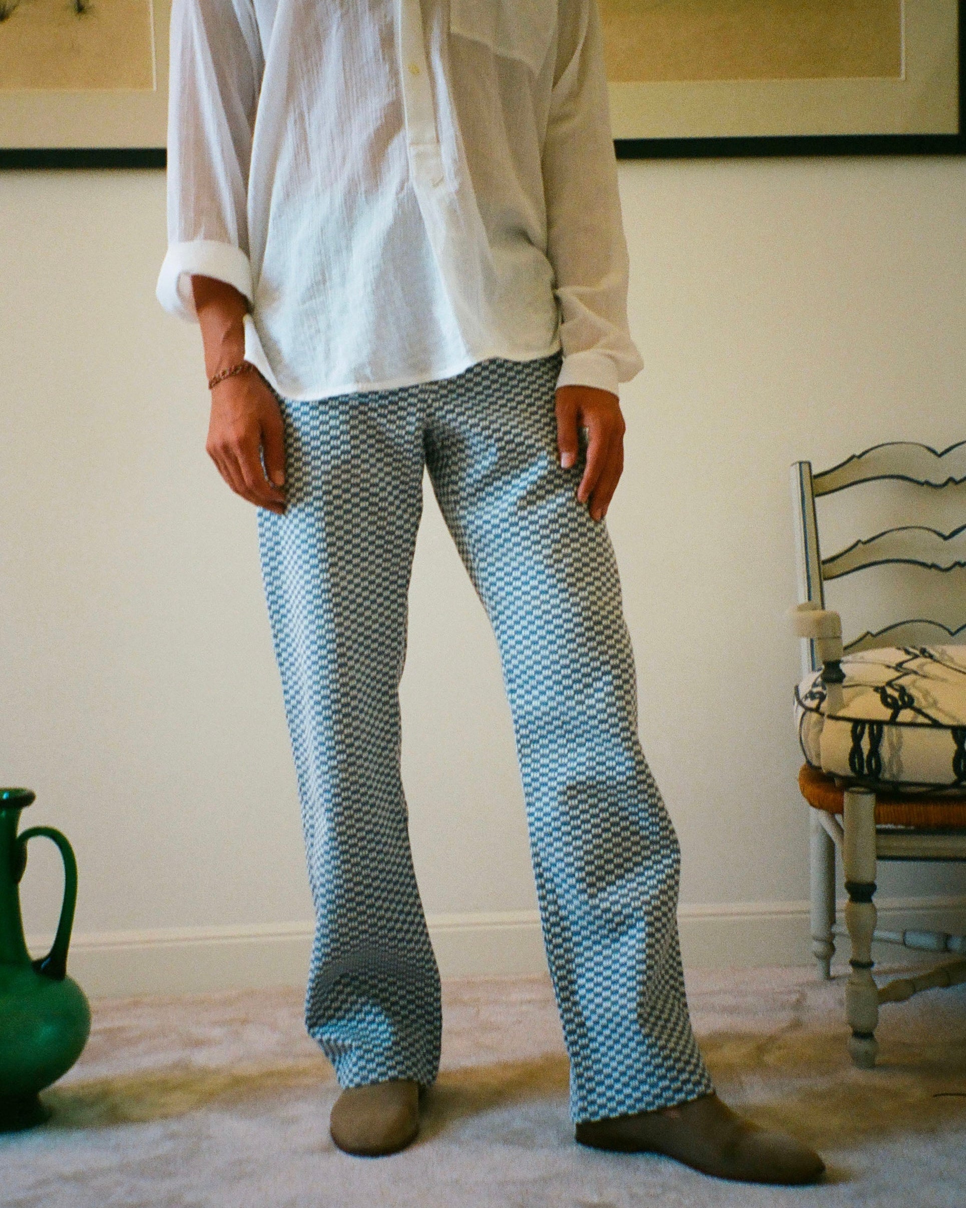 PANTALON CAPON DAMIER BLEU