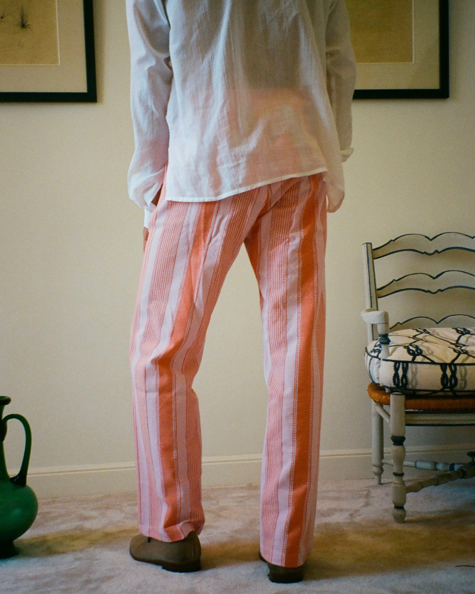PANTALON CAPON RAYURES ORANGE ET ROSE