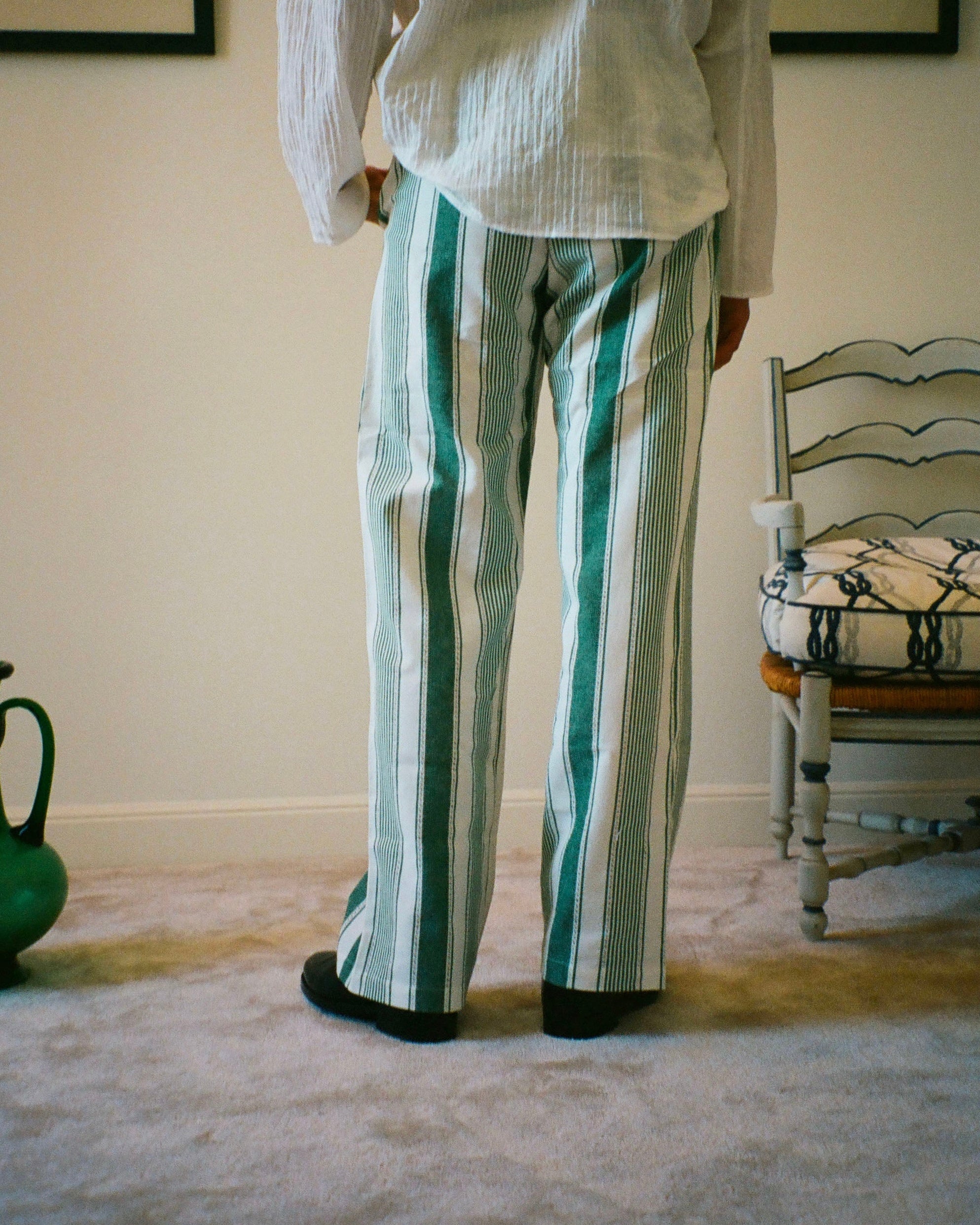 GREEN STRIPED JACQUARD CAPON TROUSERS