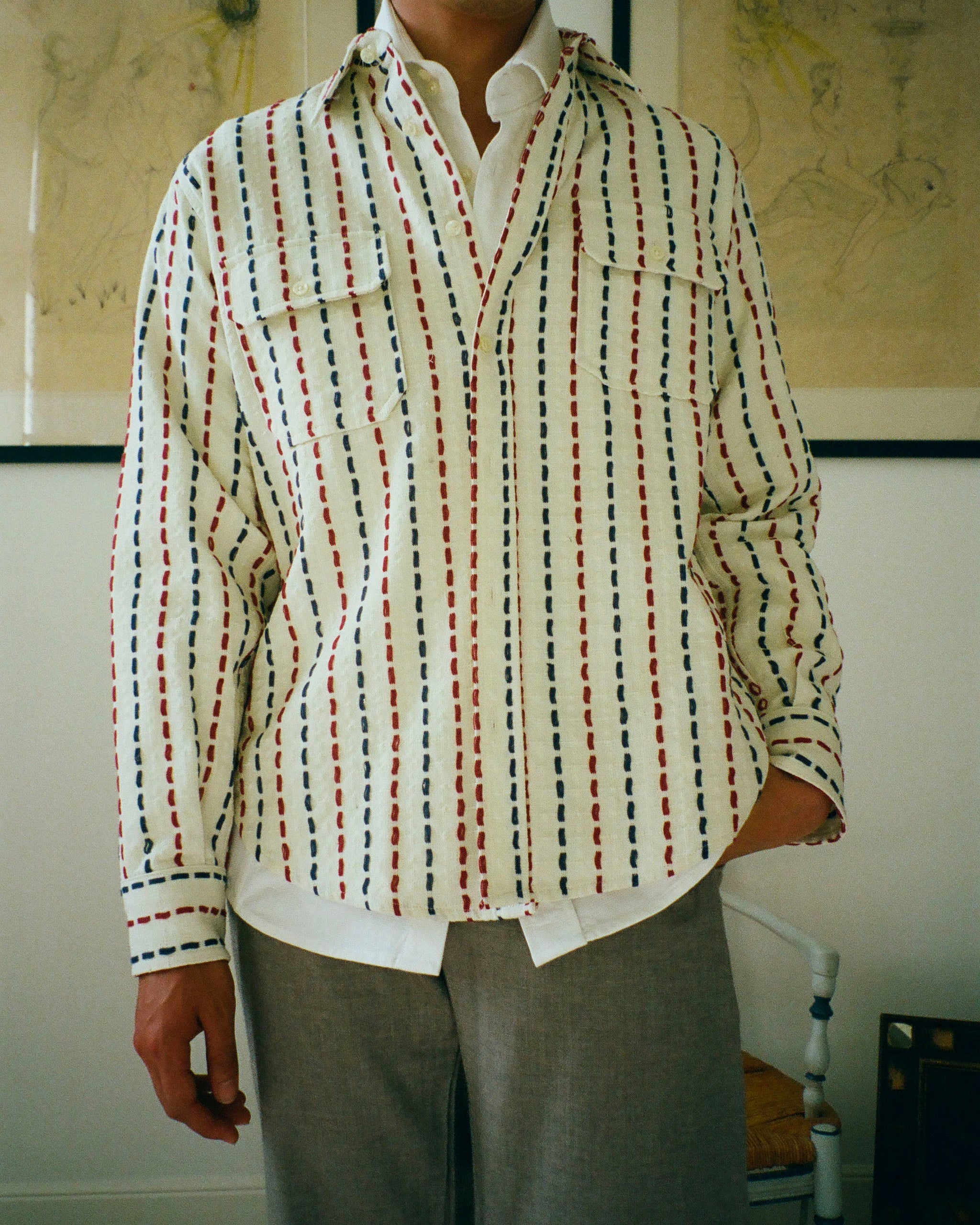 CAMARGUE DOBBY BLUE WHITE RED OVERSHIRT