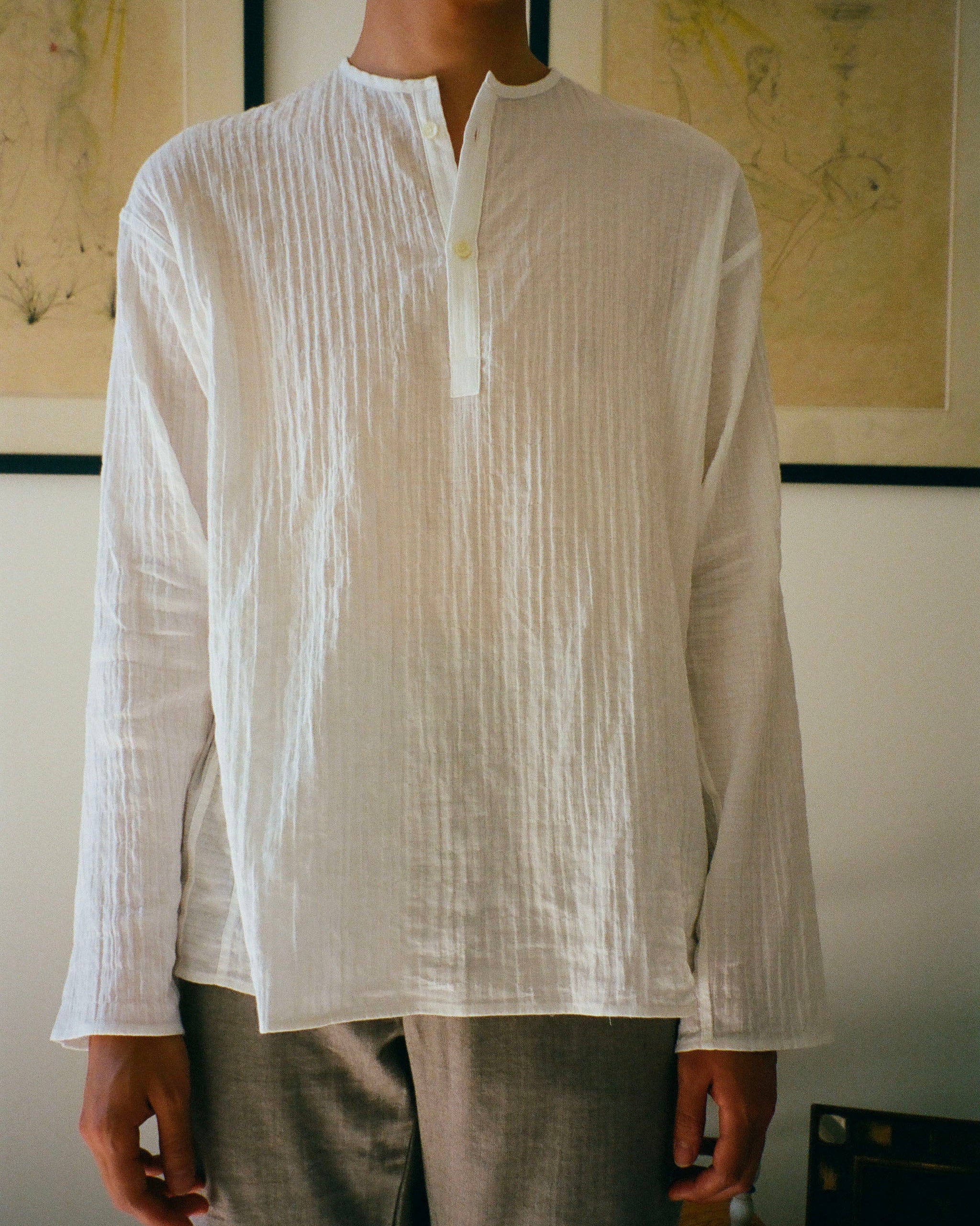 WHITE GINGHAM COTTON CAPON SHIRT