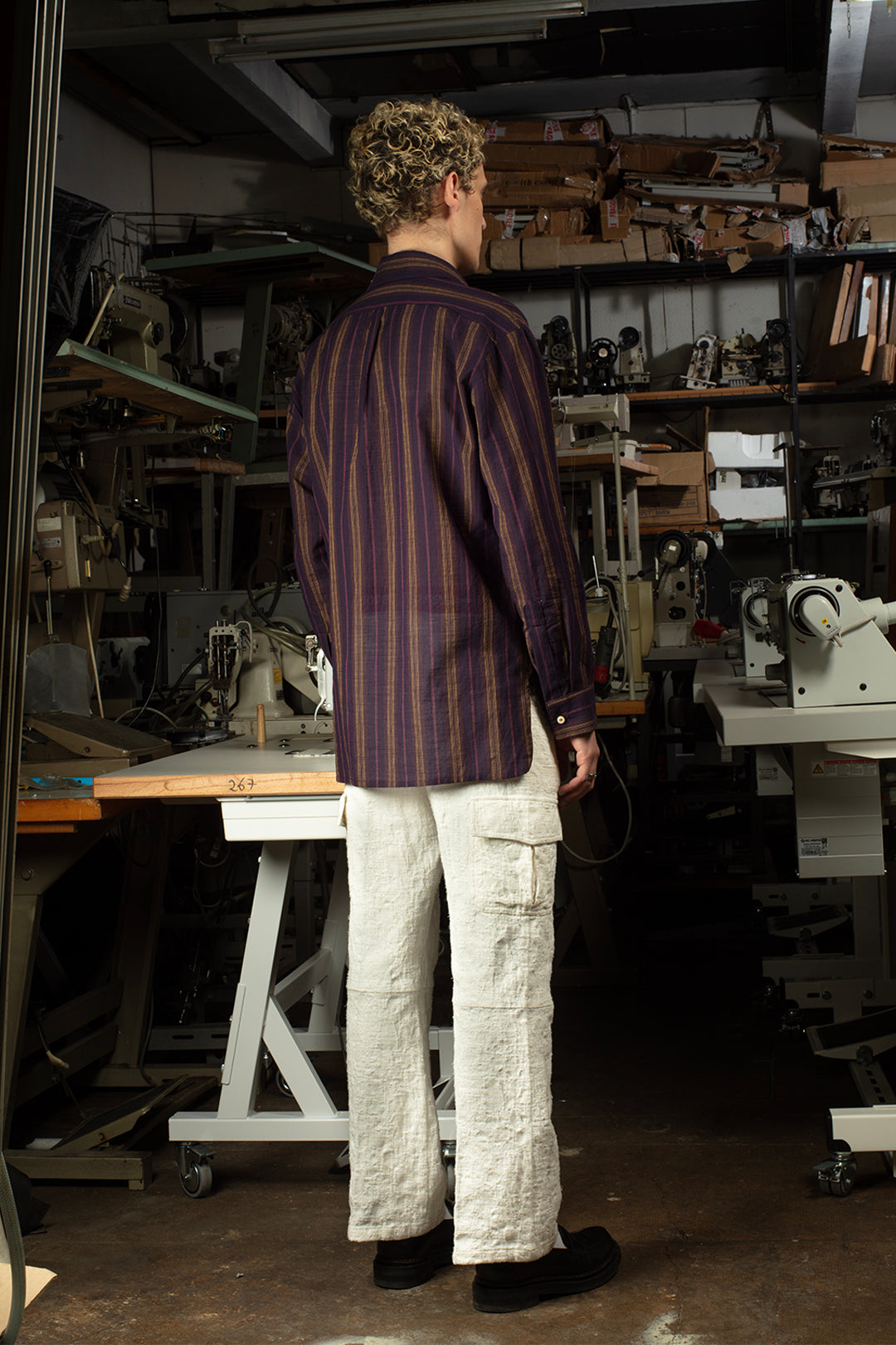 Chemise de luxe pour homme Erevan, à grand col en toile de coton violette à rayure fabriquée en france