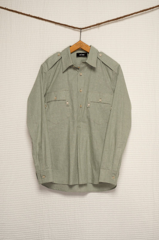 Chemise de luxe pour homme Erevan, à poche plaquées et épaulettes, en coton pied de poule vert fabriquée en france