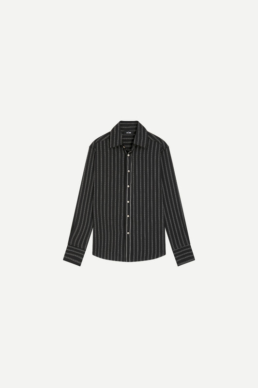 Chemise de luxe pour homme Erevan, à grand col et bords francs en toile de coton noire à rayure fabriquée en france