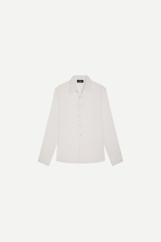Chemise de luxe pour homme Erevan, à grand col et bords francs en toile de coton blanche à fine rayure fabriquée en france