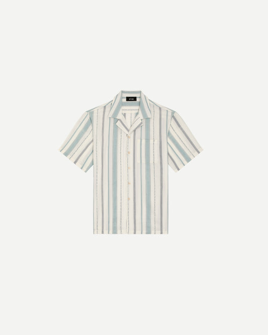 Chemise de luxe pour homme Erevan, à manche courte à col camp, coton jacquard rayé, fabriquée au portugal