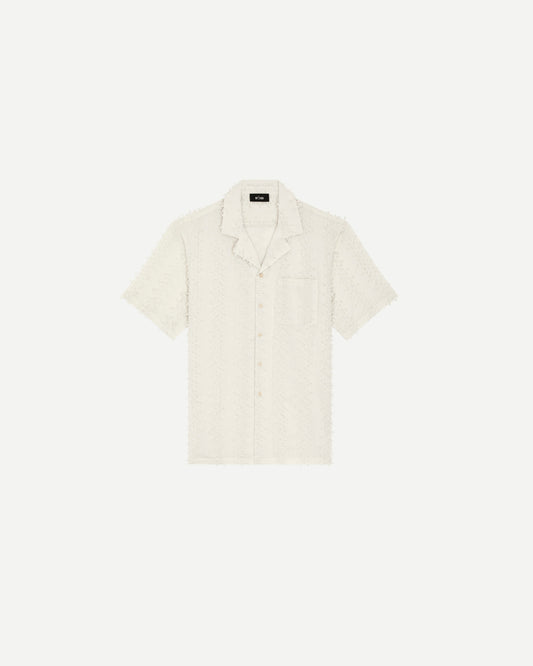 Chemise de luxe pour homme Erevan, à manche courte à col camp, coton jacquard bouloché, fabriquée en france